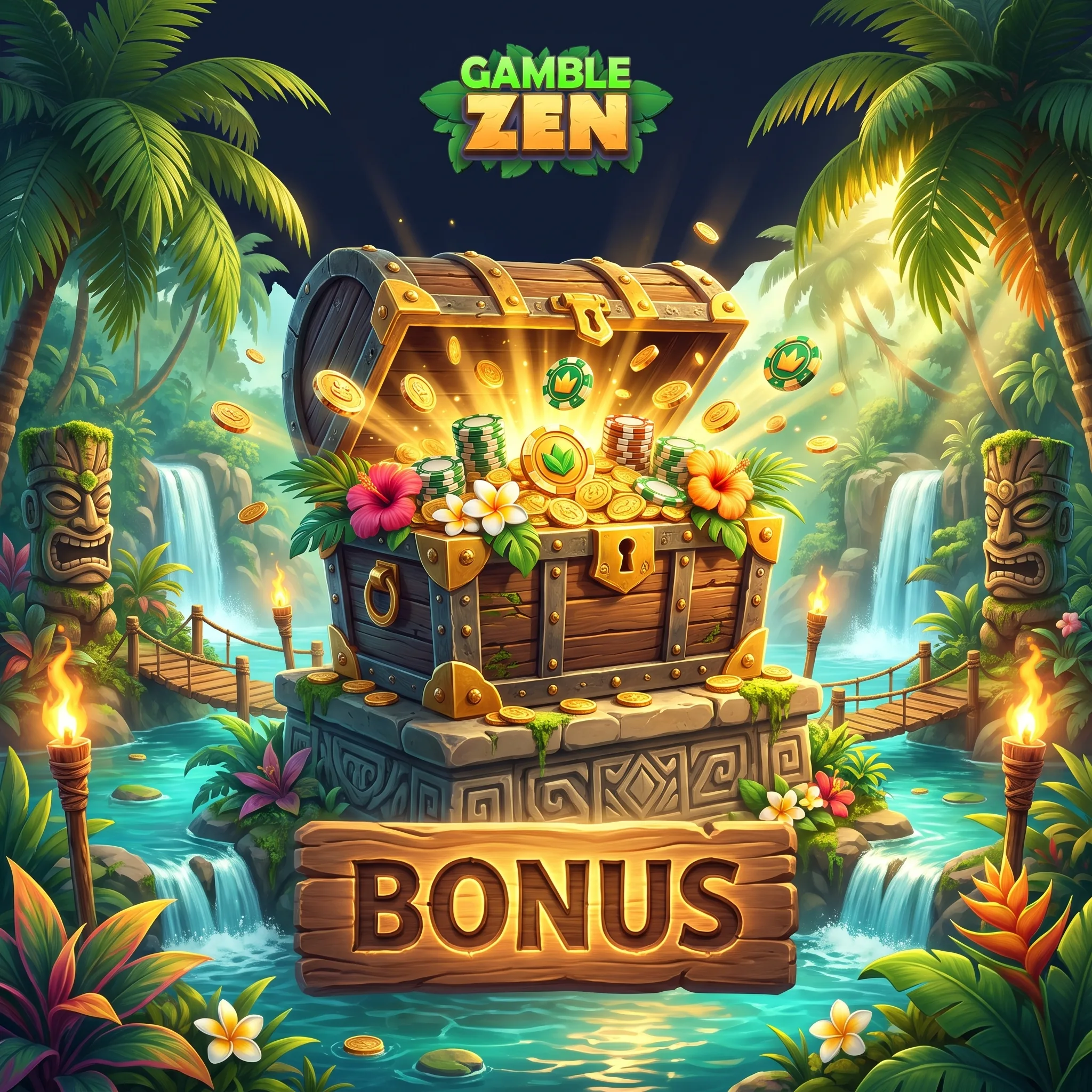 GambleZen treasure chest beneath a bonus sign in a jungle scene