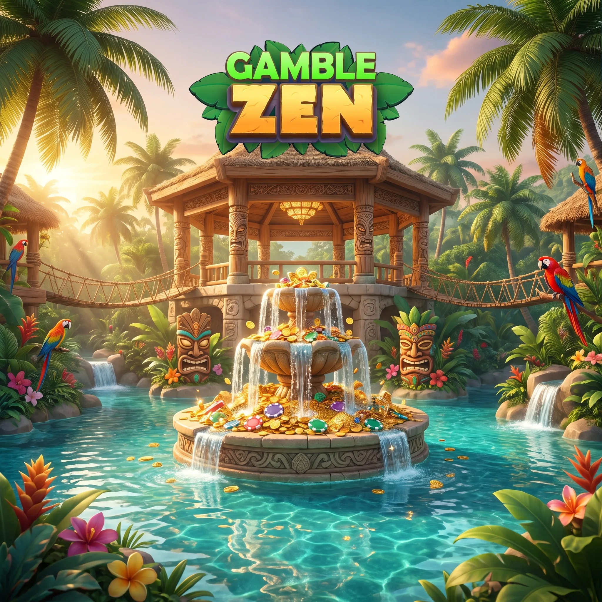 GambleZen jungle lagoon with a fountain surrounded by tropical palms