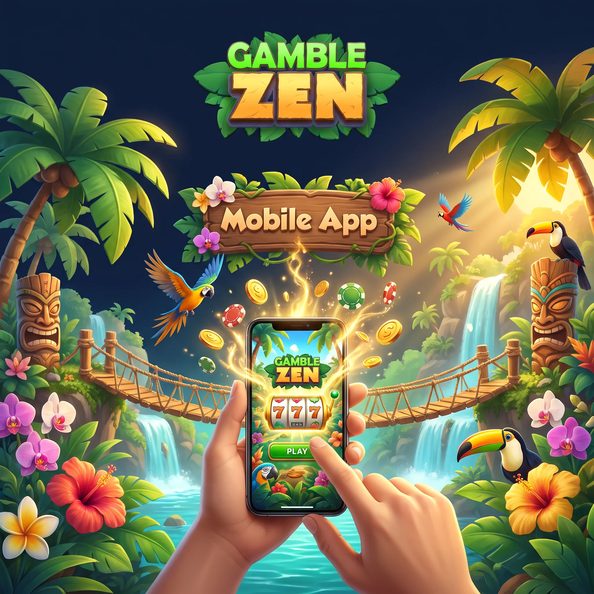 GambleZen mobile app shown on a phone in a tropical scene