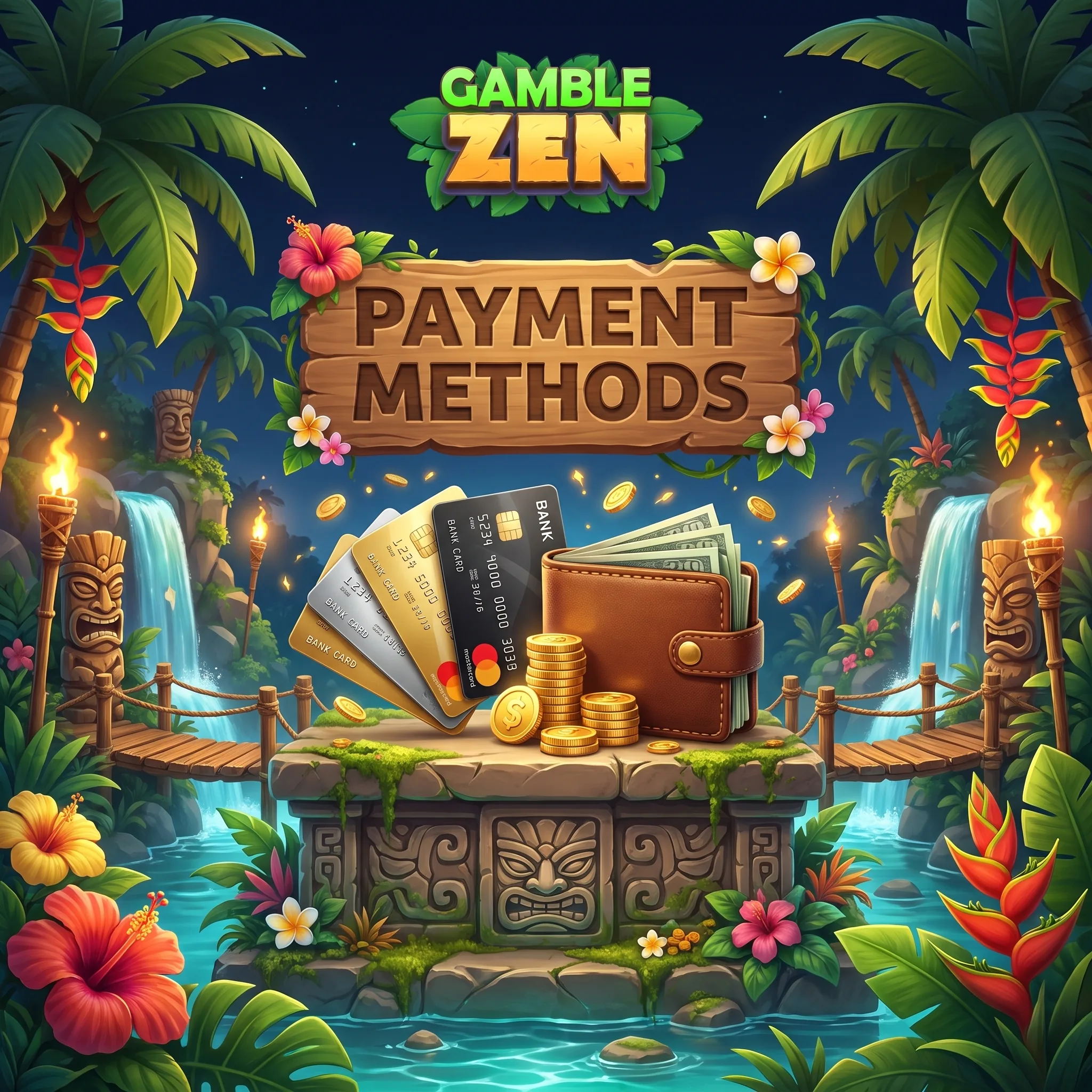 GambleZen tropical payment scene with a wallet and bank cards