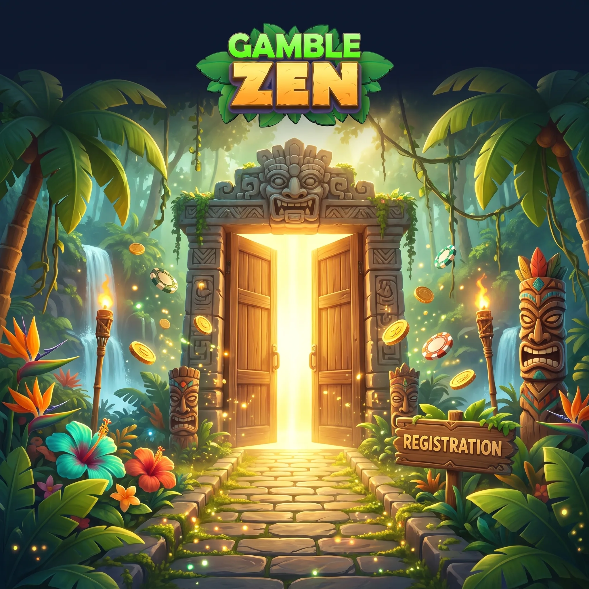 GambleZen registration gateway surrounded by tropical plants
